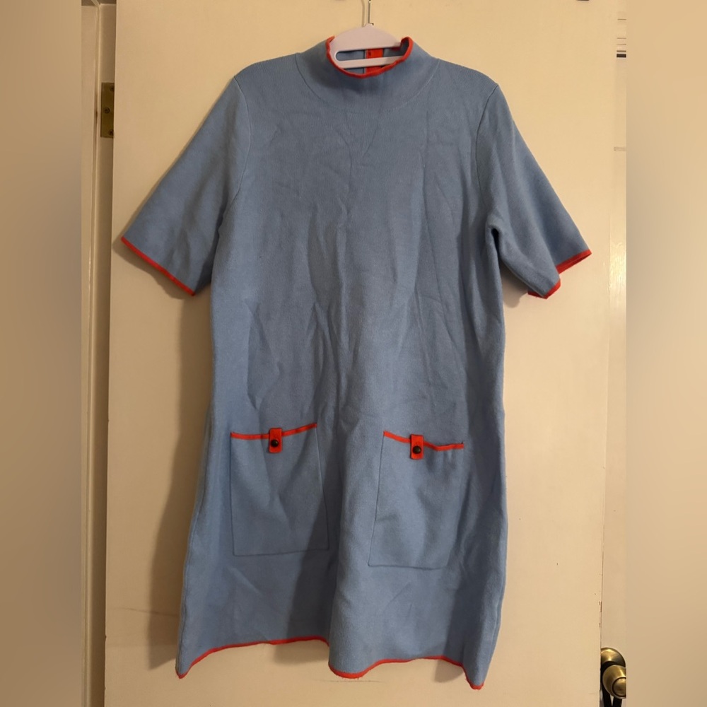 Maeve Anthropologie Light Blue Mock-Neck Dress with Red Orange Accents - Picture 3 of 5